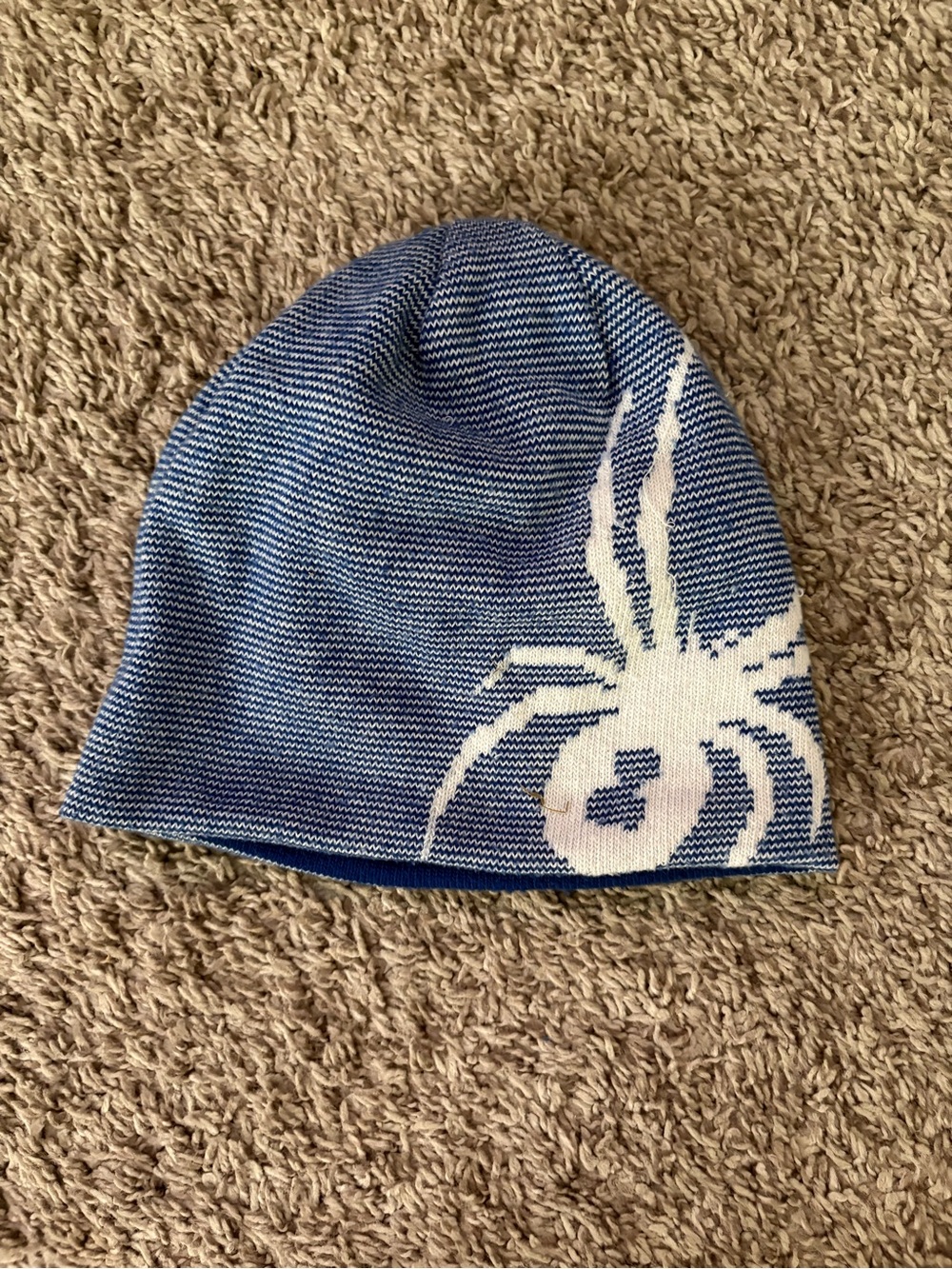 Spyder Blue and White Kids Knit Beanie with Spider Motif